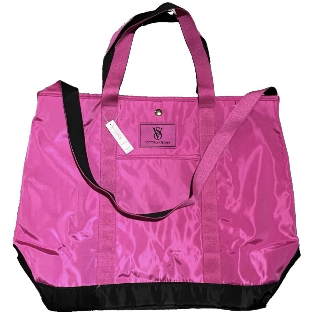 NEW Victoria's Secret Pink Tote Bag Black/Pink Logo Snap Closure Inner Pockets